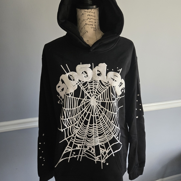 Sp5der Tops - Black Spiderweb Graphic Hoodie Sweatshirt - Unbranded